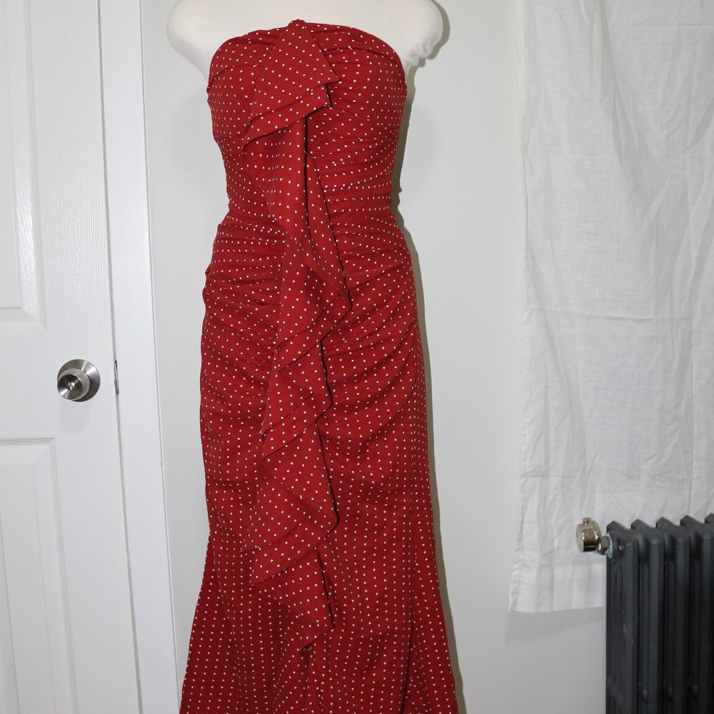 C/MEO Collective | CMEO Collective Strapless Polka Dot Ruffle Midi Dress in Red